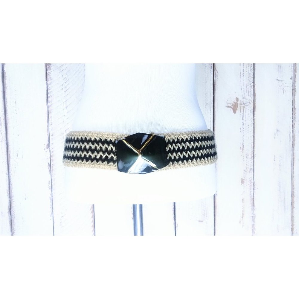 80s enamel buckle wide crochet knit stretch belt
